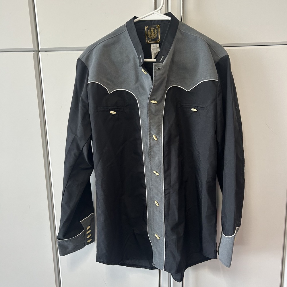 Espuela de Oro Mens Western Shirt Black Gray Charro Horseshoe Yoke Size L 40